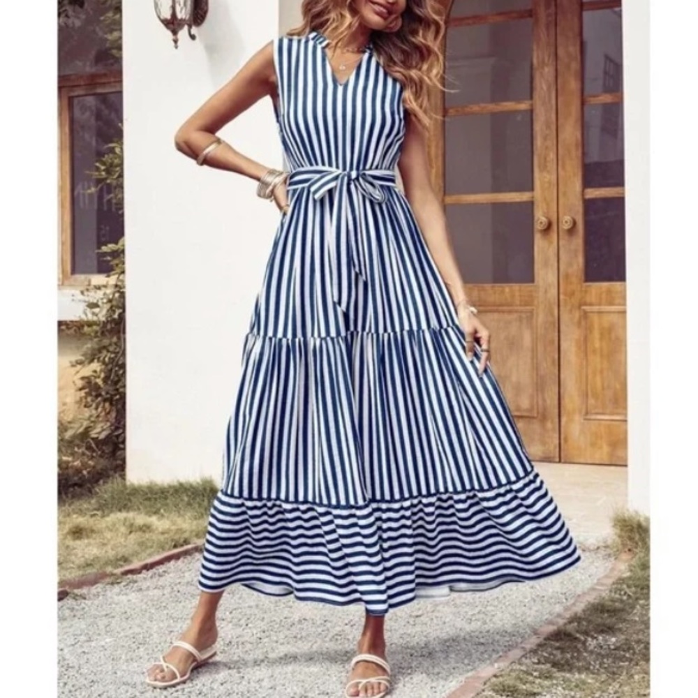 Boho Green White Striped Sleeveless Belted Maxi Dress - Picture 6 of 11